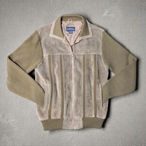 Vtg Mervyns Suede Acrylic Knit Jacket Brown Zip Large 80s Hipster Indie Sleaze